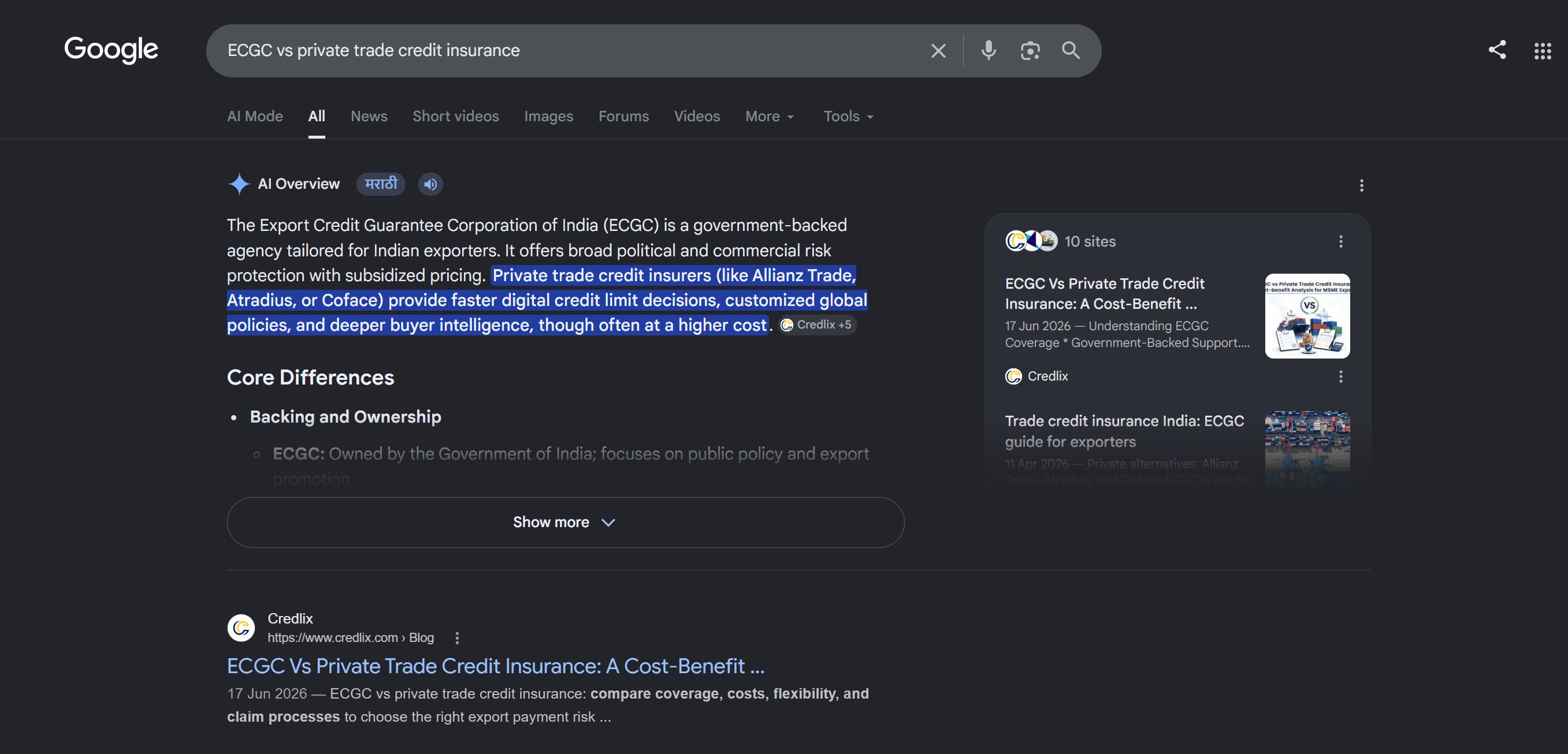 Ranked #1 and cited in AI Overviews for ECGC vs private trade credit insurance