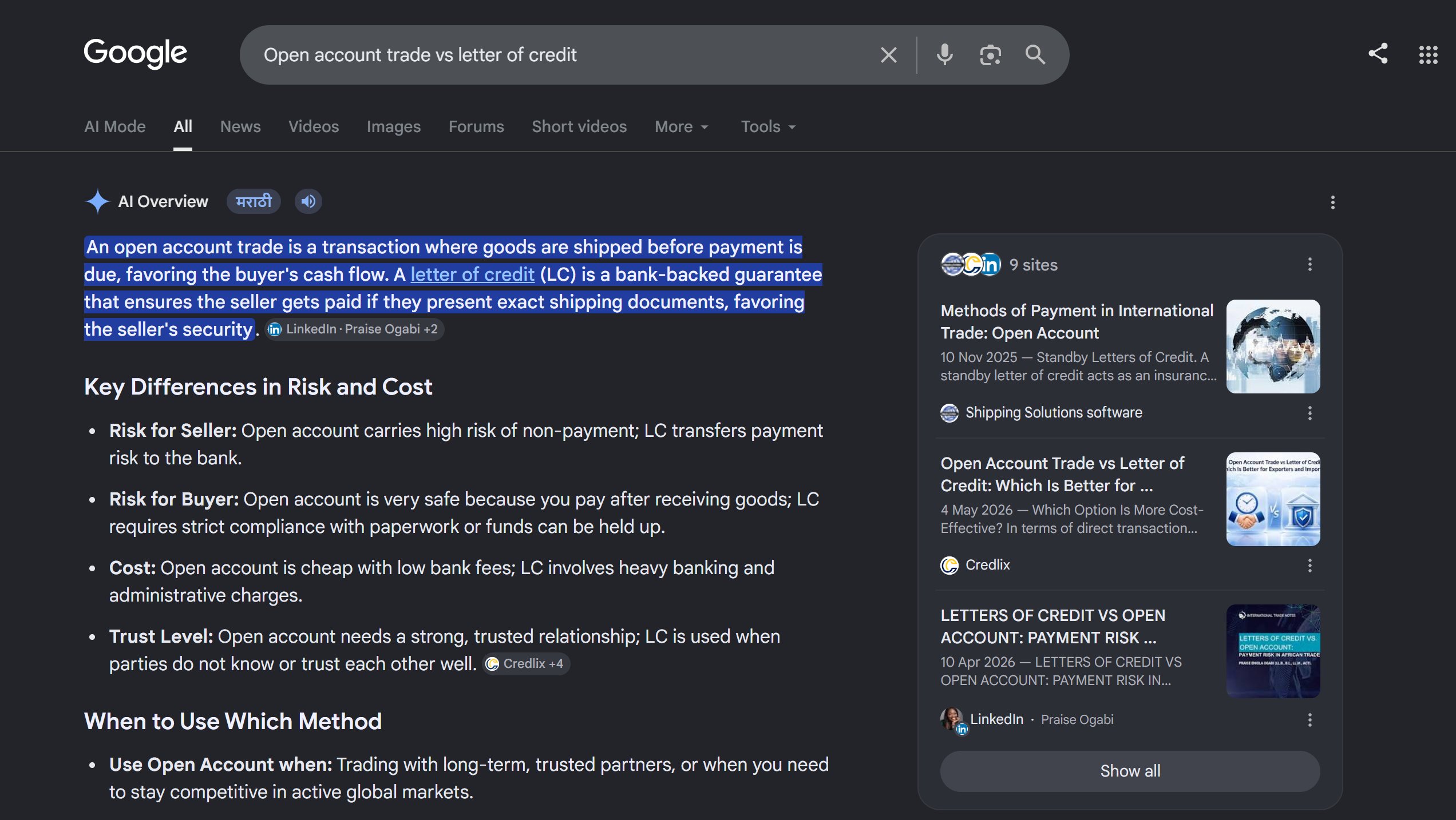 Credlix cited in AI Overviews for Open account trade vs letter of credit
