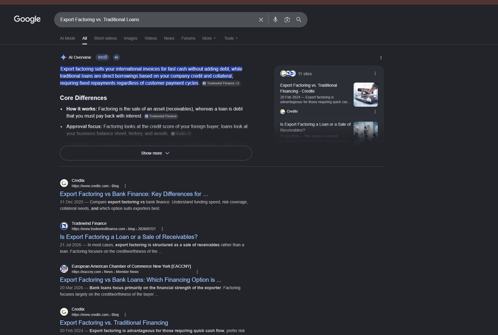 Two blogs ranking #1 and #4 and two AI citations for Export factoring vs traditional loans