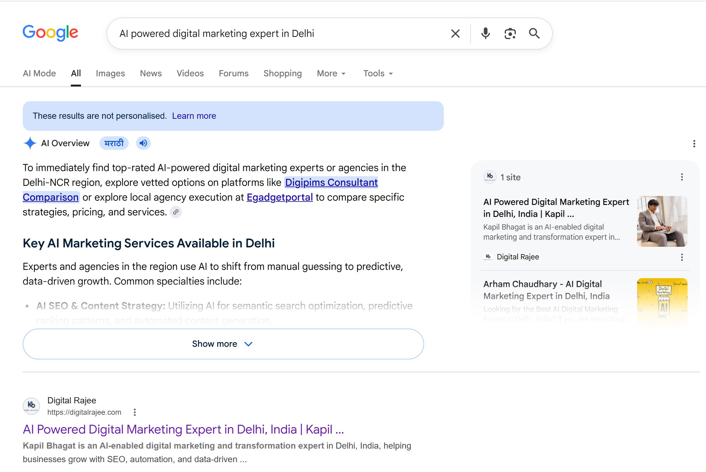 Page one organic ranking for AI powered digital marketing expert in Delhi